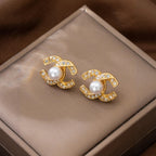 IvoryHaid Golden Pearl Stud Earrings for Women, Cubic Zirconia Paved Designer Style Earrings with faux Pearl, Elegant Luxury Fashion Jewelry idea for Women