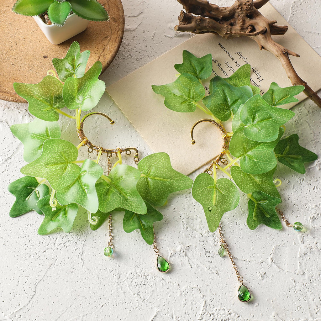 FRESHME Fairy Elf Ear Cuffs - Leaves Elven Ear Clip Wraps Poison Ivy Costume Woodland Earrings Forest Mother Nature Costume Renaissance Fantasy Dress Up Medieval Cosplay Accessories for Adult Women