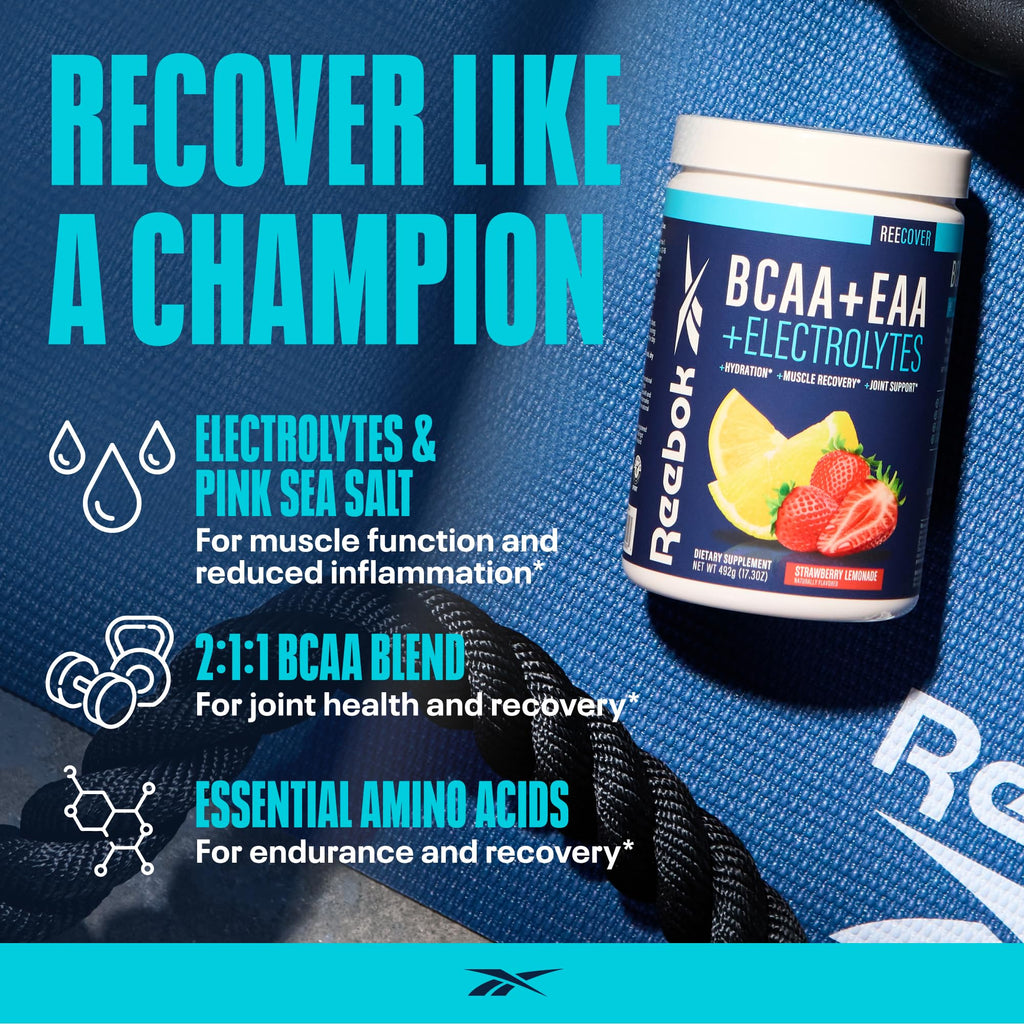 Reebok REEcover Amino Acids + Electrolytes | 8g EAAs, 5g BCAAs, Hydration Matrix | Muscle Recovery, Strength | Post-Workout Support | 30 Servings | Strawberry Lemonade