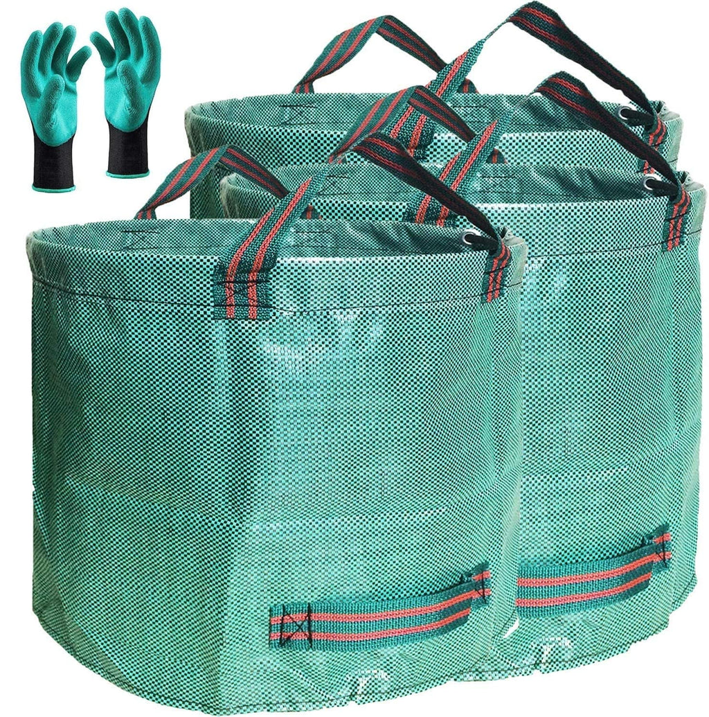 Professional 3-Pack 137 Gallon Extra Large Lawn Garden Bags (D34,H34 in) Reusable Yard Waste Bags with Gardening Gloves for Big Leaf Bag,Lawn Weeds,Grass Clippings Bag,Yard Debris Containers 4 Handles