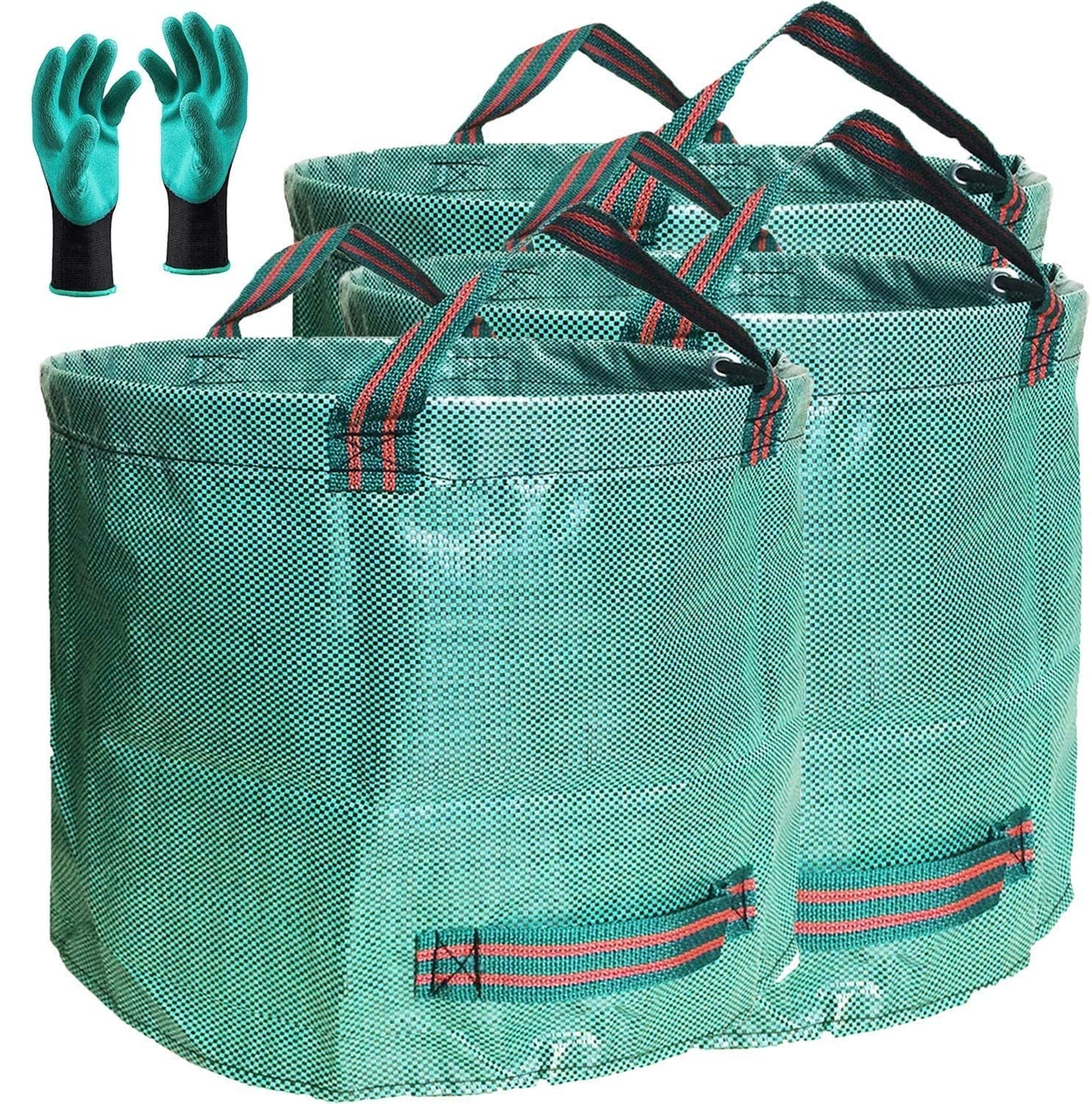 Professional 3-Pack 137 Gallon Extra Large Lawn Garden Bags (D34,H34 in) Reusable Yard Waste Bags with Gardening Gloves for Big Leaf Bag,Lawn Weeds,Grass Clippings Bag,Yard Debris Containers 4 Handles