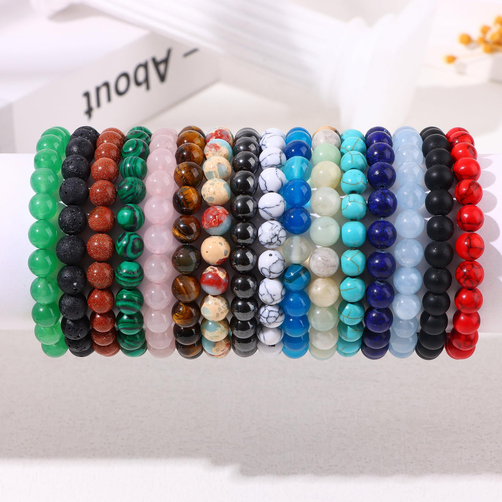 FIRAZIO 16PCS Semi-Precious Gemstone Bracelet - Crystal Stone Beaded Bracelets for Women Men 8mm Round Beaded Stretch Bracelets Unisex Yoga Bracelets Gifts (16Pcs)