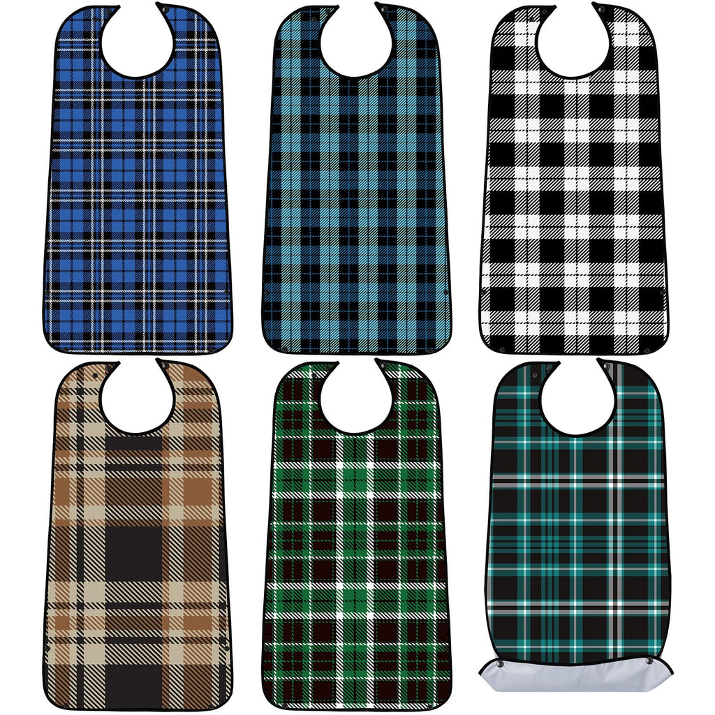 SATINIOR 6 Pack Adult Bibs for Men Elderly Eating Bibs with Crumb Catcher Waterproof Washable Clothing Protectors Father Gift(Plaid Style)