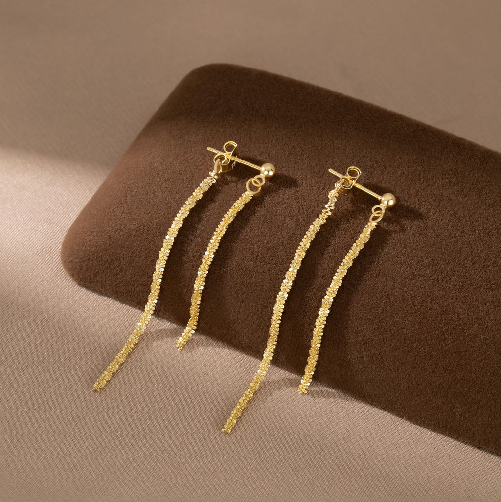 Reffeer Solid 925 Sterling Silver Tassel Chain Dangle Earrings for Women Teen Girls Minimalist Dangle Earrings Drops (B-18K Gold)