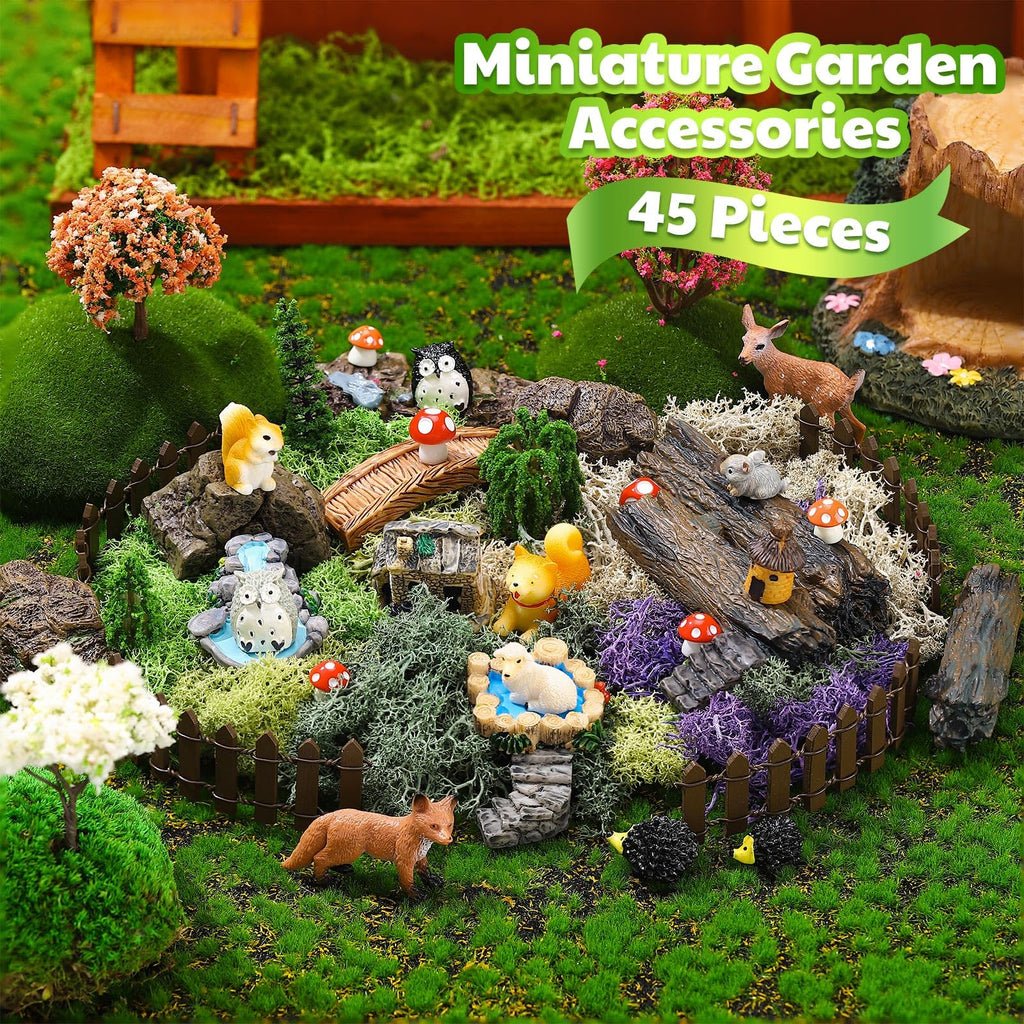 Chunful 45 Pcs Adult Fairy Garden Accessories Miniature Garden Figurines Tiny Resin Animals Forest Kit Pool Bridge Fence Pond Mushroom for Potted Plant Bonsai Terrarium Decor