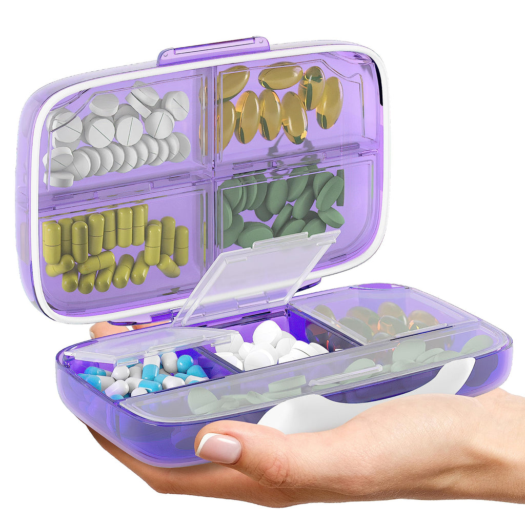 Travel Pill Organizer – Moisture-Proof Medicine Pill Organizer with Labels, 8 Compartment Pill Box Case for Vitamins & Supplements, Portable Pocket Pharmacy (Purple)