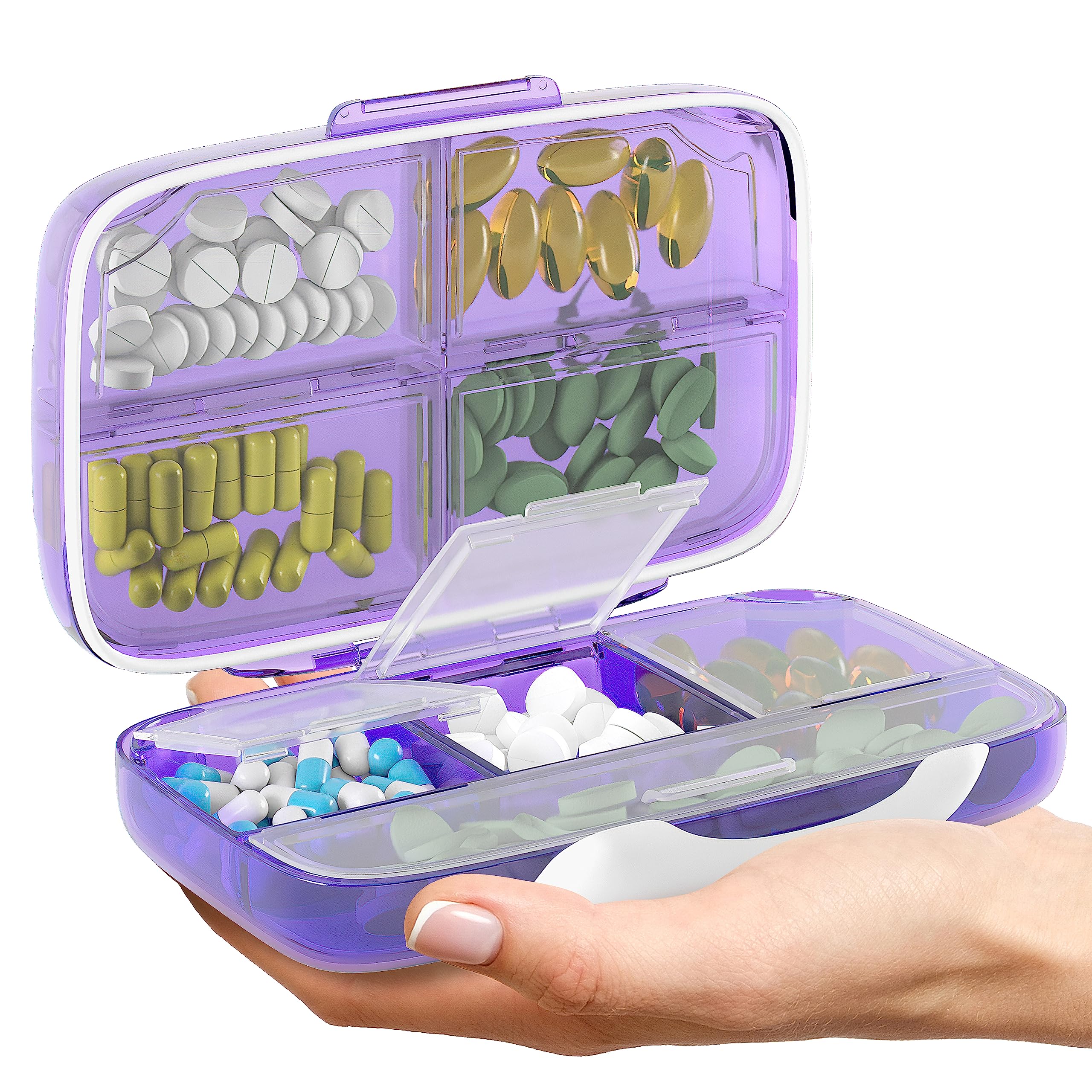 Travel Pill Organizer – Moisture-Proof Medicine Pill Organizer with Labels, 8 Compartment Pill Box Case for Vitamins & Supplements, Portable Pocket Pharmacy (Purple)