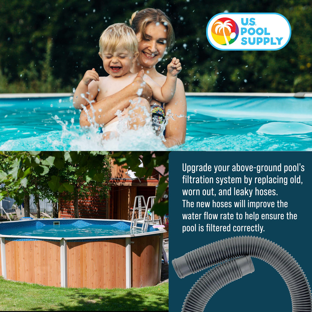 U.S. Pool Supply 1.5" Heavy-Duty Above Ground Pool Hose Replacement Kit - 2 Silver 6 Foot Hoses, 2 Connection Adapters, 4 Clamps - Compatible with Intex Filter Pumps