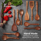 Wooden Spoons for Cooking – 10 Pcs Teak Wood Utensil Set, Durable, Nonstick Safe & Heat Resistant with Ergonomic Handles
