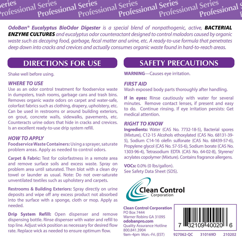 OdoBan Professional Cleaning Ready-to-Use BioOdor Digester Harsh Aroma Counteractant, Made in the USA, Eucalyptus Scent, 2-Pack, 32 Ounce Sprays Each