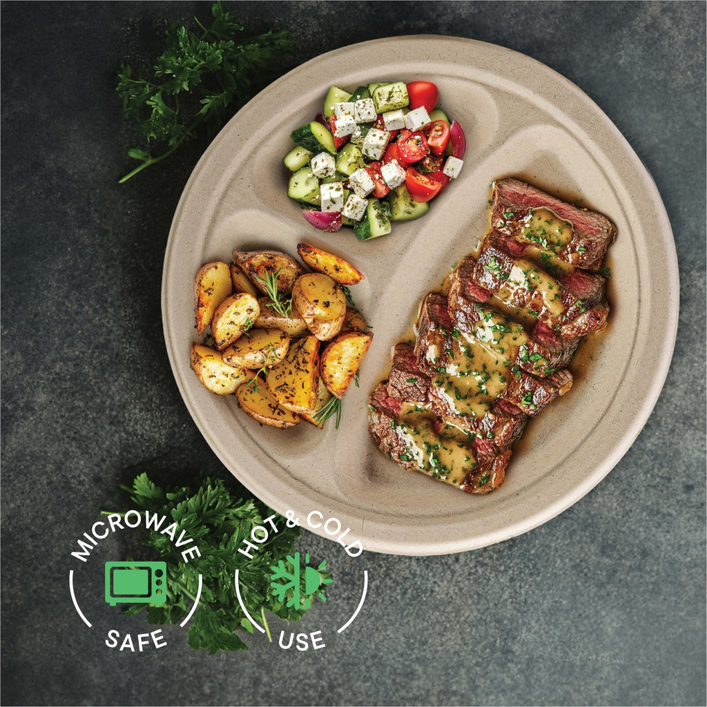 100% Compostable, 3 Compartment, Disposable Paper Plates [125-Pack] - {PFAS Free} - {BPA Certified} - [10 Inch] Heavy Duty Biodegradable Bagasse Sectional Lunch Trays + Dividers - Divided Platte Tray