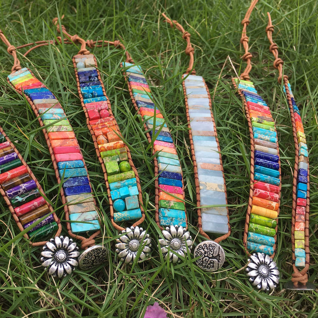 sedmart Fashion Gemstone Bracelets Handmade Bracelets Jewelry Multicolor Yoga Bracelets Friendship Boho Bracelets Leather Bracelets Rectangle Stone Healing Bracelets Sunflower Button Wrap Bracelet