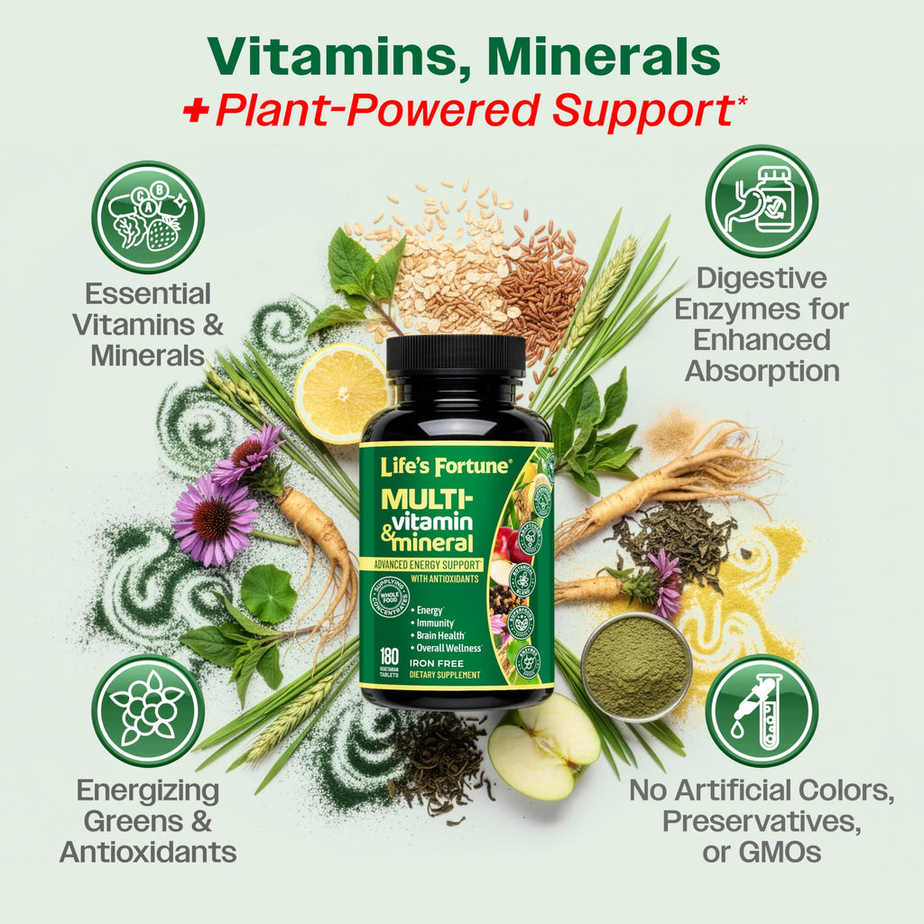 Life's Fortune Whole Food Multivitamin & Mineral Supplement for Men & Women – Energy Support Vitamins for Immune, Brain & Metabolism Support – Iron Free, 180 Vegetarian Tablets