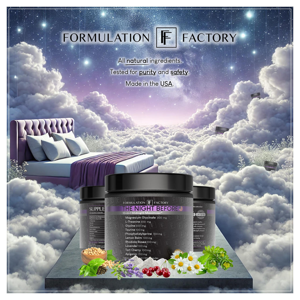 Formulation Factory The Night Before 10-in-1 Midnight Maximizer Sleep Supplement, Magnesium Glycinate, L-Theanine & More, Stress Relief, Relaxation, Focus (6 Month Supply, 360 Capsules)