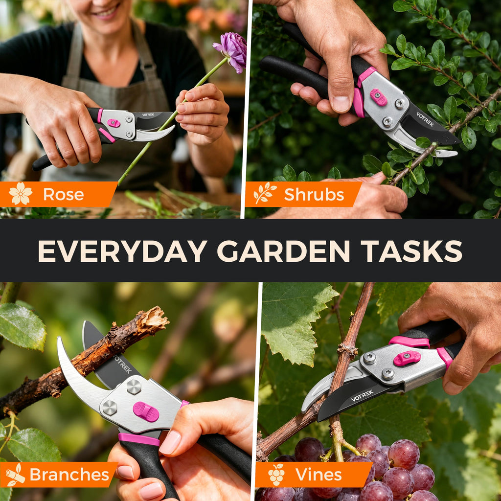 VOTREK® 8.5" Bypass Pruning Shears, Jam-Proof Spring Clippers for Roses