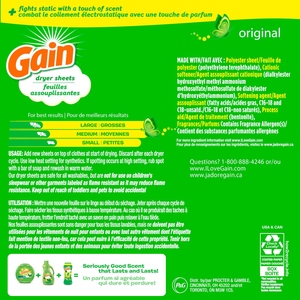 Gain dryer sheets Plus Wrinkle Release, Original Scent, 120 Count, Fights static with a touch of scent, laundry sheets