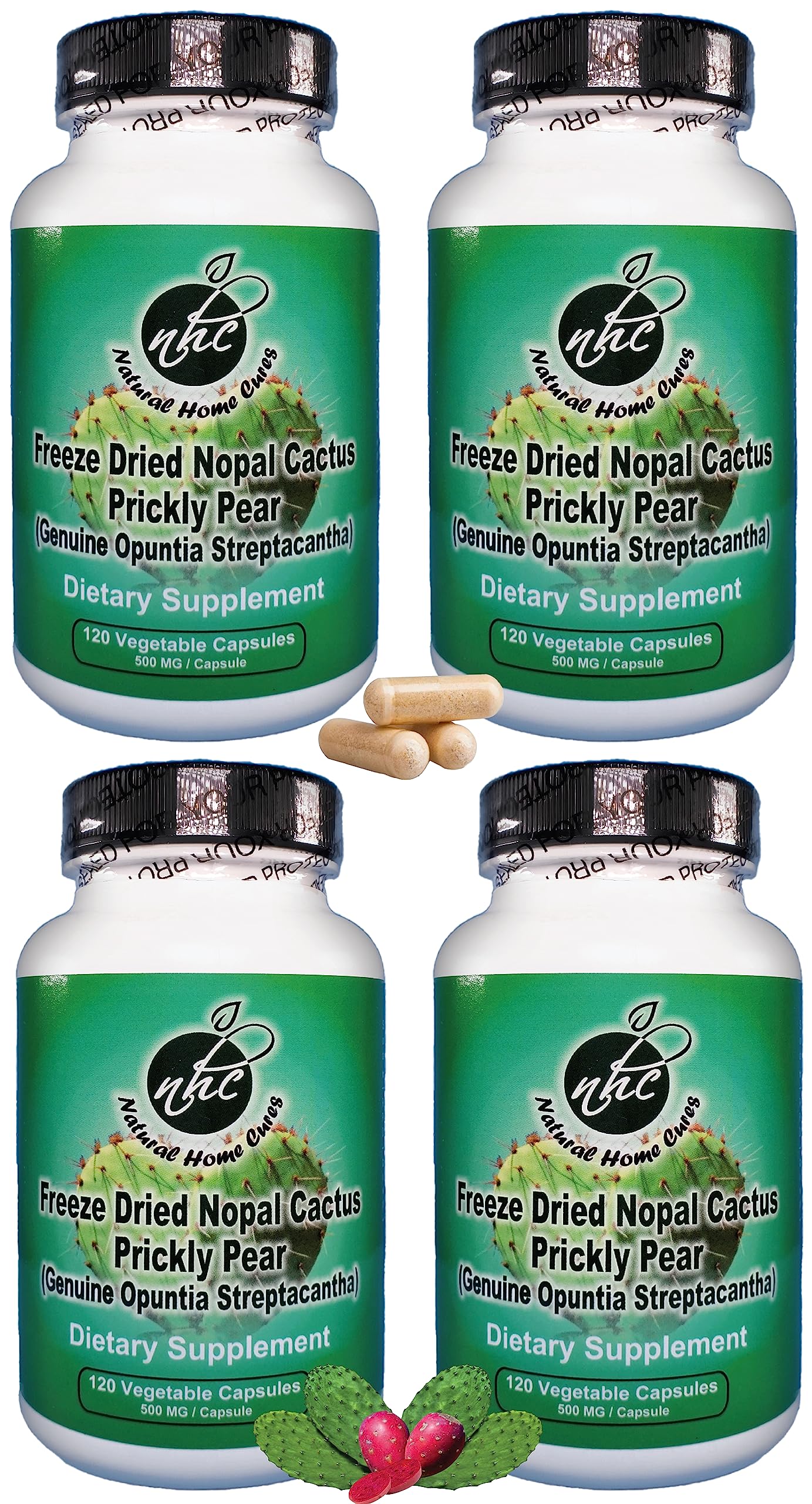 Natural Home Cures Freeze-Dried Nopal Cactus Capsules, Whole Prickly Pear Cactus Powder, Plant-Based Fiber Supplement for Daily Wellness, 500 mg, 120 Vegan Capsules (4 Bottles)