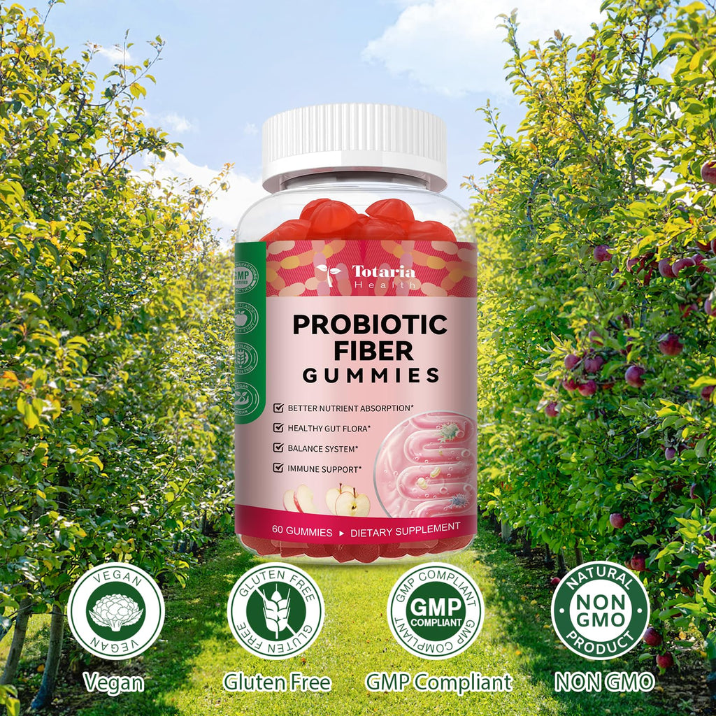 Totaria 9-in-1 Probiotic Fiber Gummies for Adults & Teens 16G Fiber per Serving, Psyllium Fiber Supplement with 5 Billion CFU Bacillus Coagulans, Inulin, ACV for Digestive & Gut Wellness - 60 Gummies
