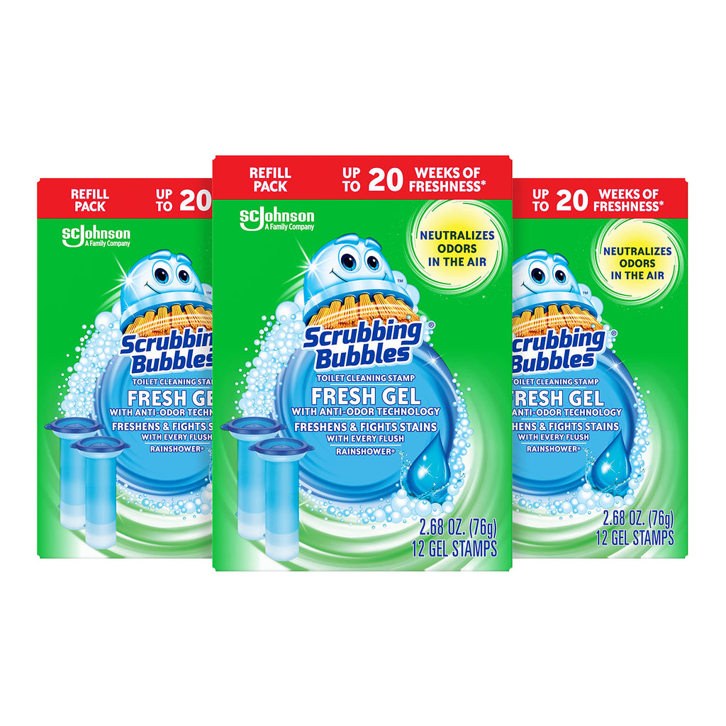 Scrubbing Bubbles Fresh Gel Toilet Bowl Cleaning Stamps Refills, Helps Keep Toilet Clean and Helps Prevent Limescale & Rings, Rainshower Scent, 12 Stamps (Pack of 3)