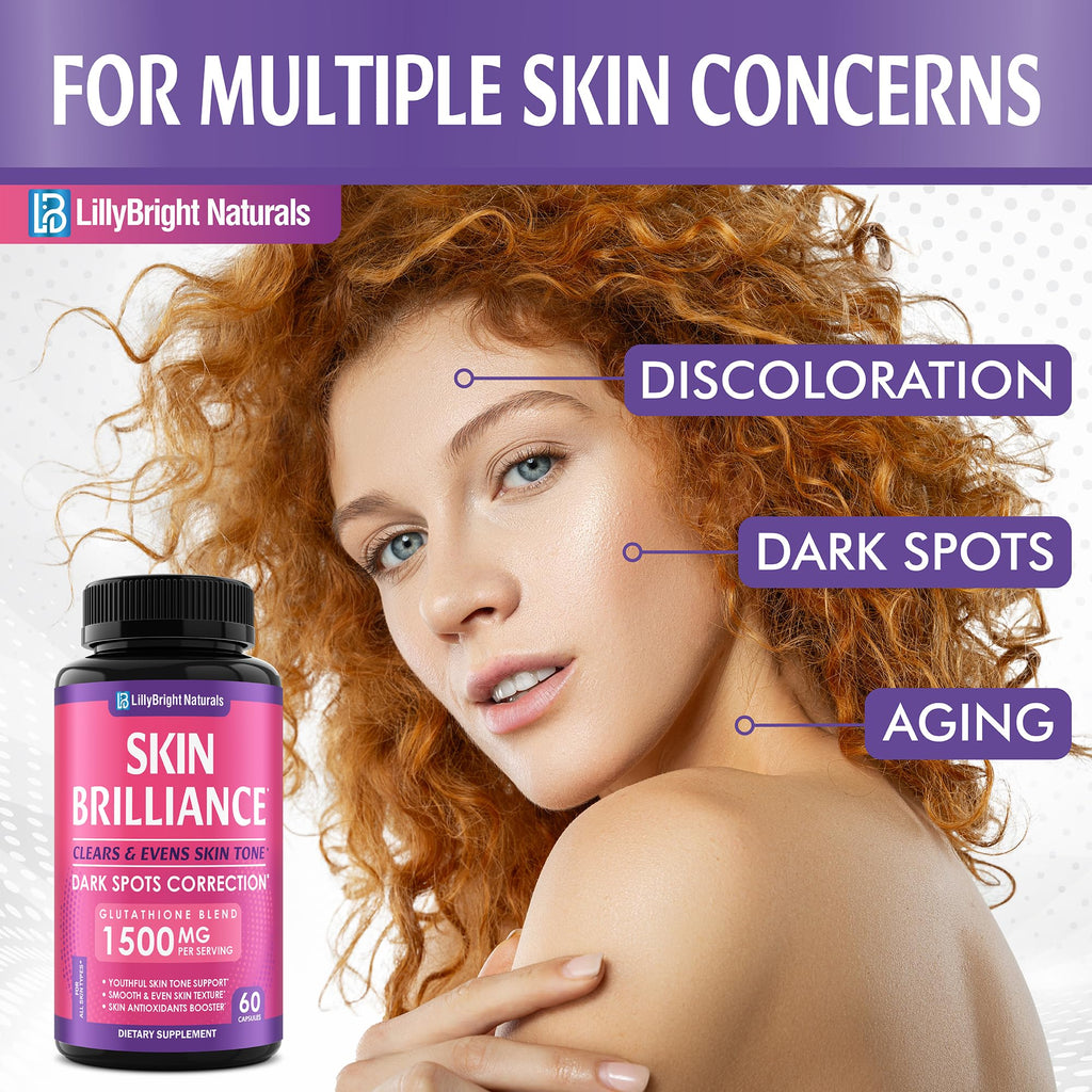 Glutathione Capsules - 1,500mcg L-Glutathione Supplement with Vitamin C - Skin Tone Enhancer - Targets Dark Spots & Acne Marks - Antioxidant Supplement for Beauty & Health Support - 60 Skin Pills