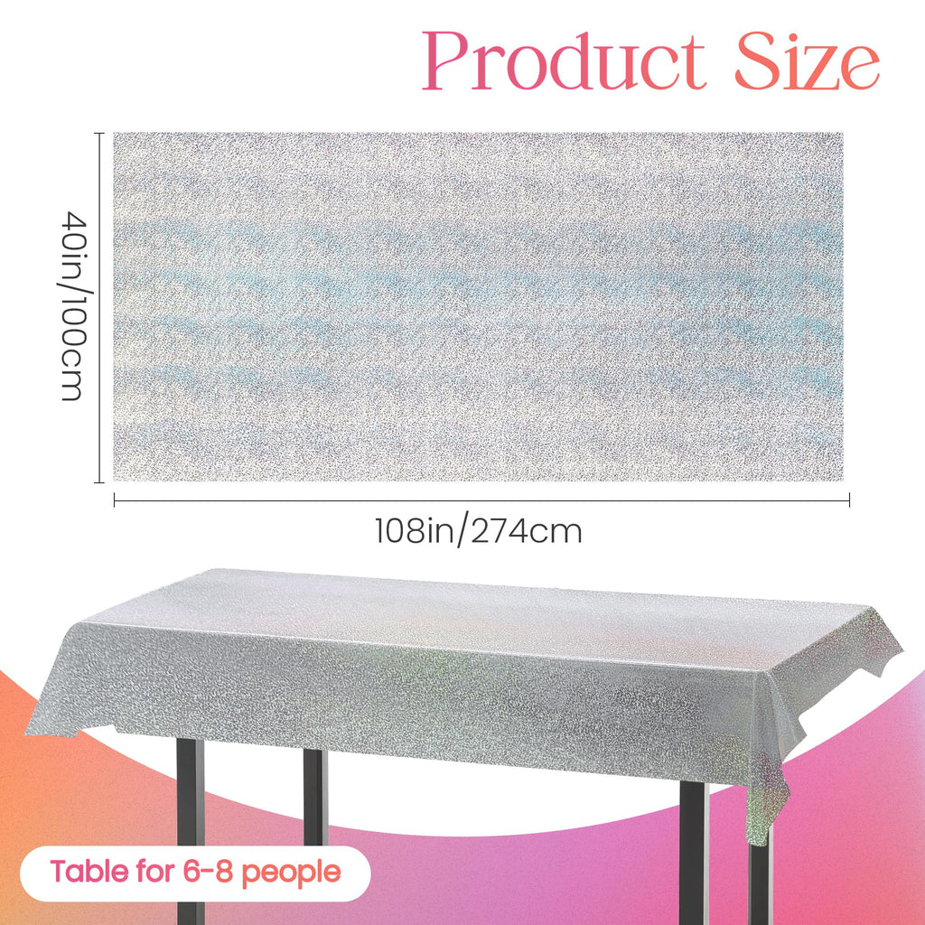 8 pcs Silver Holographic Tablecloths Shiny Disco Laser Table Cloths 40" x 108" Iridescence Plastic White Table Cover for Birthday Party Decoration Wedding Christmas Winter Grad Party Supplies