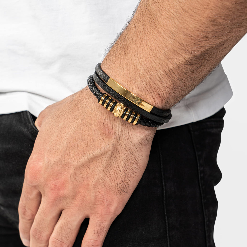 SERASAR Leather Men Bracelet Black Gold Steel Braided Jewelry Gift 8 inch