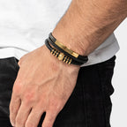 SERASAR Leather Men Bracelet Black Gold Steel Braided Jewelry Gift 8 inch