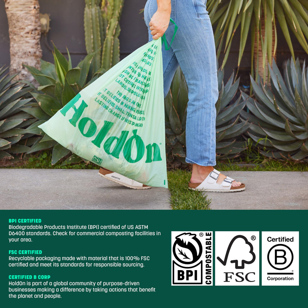 HoldOn 13-Gallon Trash Bags – Plant-based Tall Kitchen Trash Bags with Drawstring Handles for Tall Trash Bins, Heavy-duty and Compostable Large Trash Bags (40 bags)