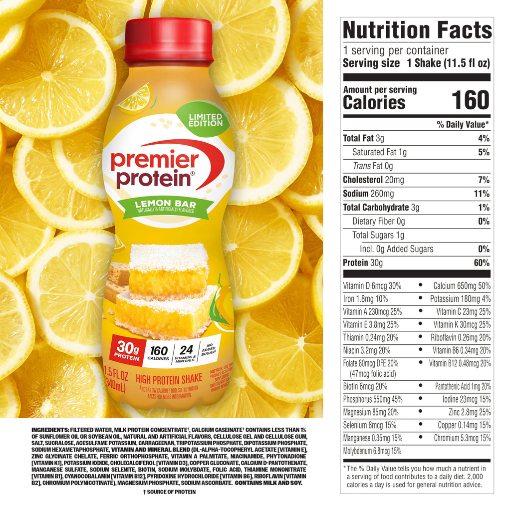 Premier Protein Shake, LIMITED EDITION Lemon Bar, 30g Protein, No Added Sugar, 24 Vitamins & Minerals to Support Immune Health, 11.5 fl oz, 12 Pack