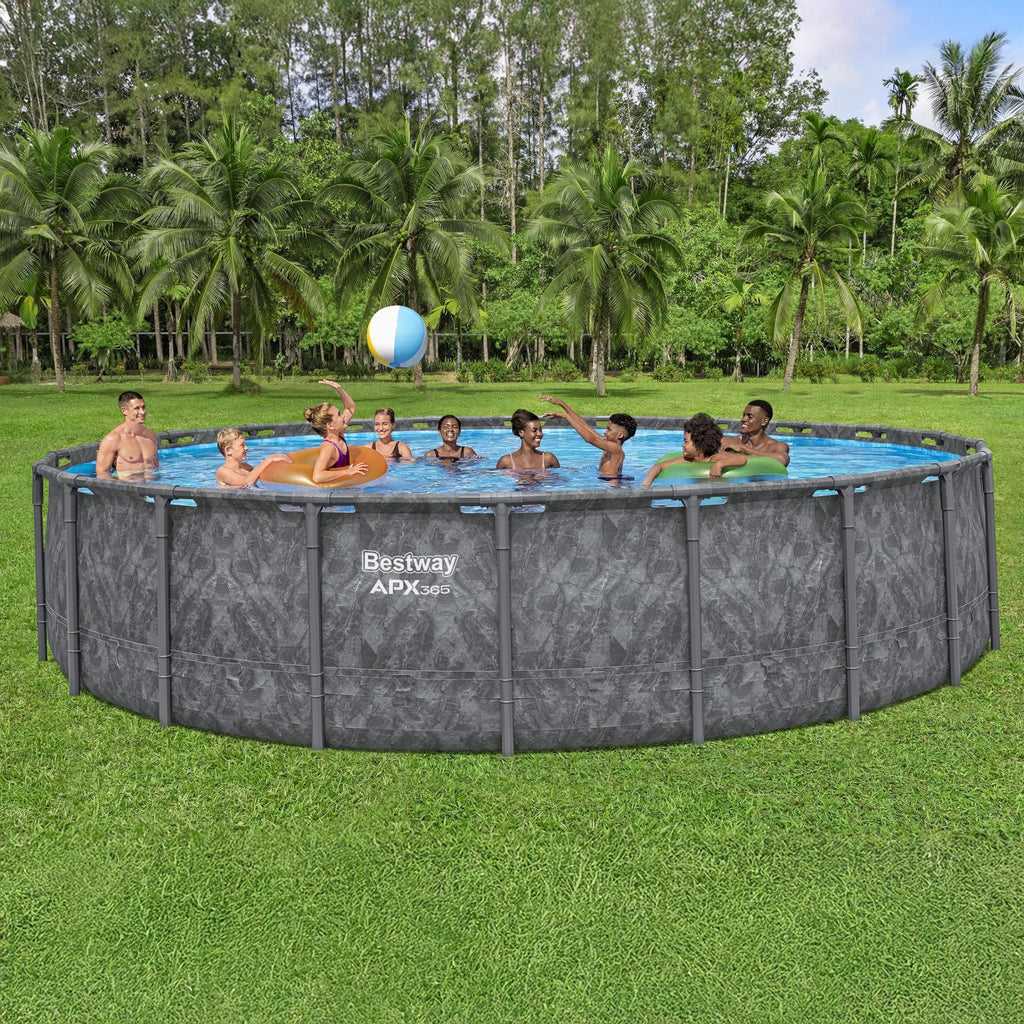 Bestway APX 365 22' x 52" Above Ground Pool, Round Metal Frame Outdoor Swimming Pool Set with Sand Filter Pump, Ladder, and Cover, Dark Marble
