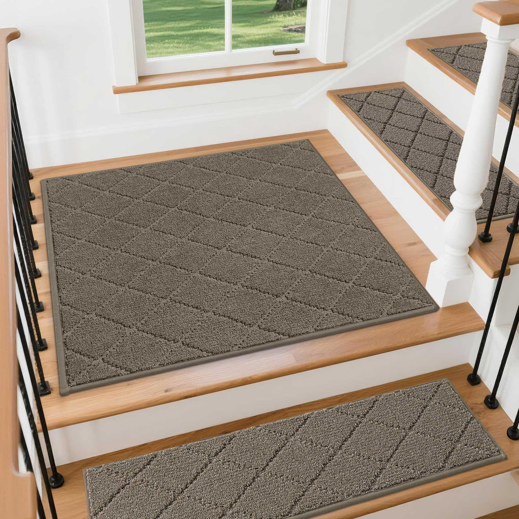 COSY HOMEER Stair Landing Rugs Non-Slip Corner Indoor Edging Stair Treads for Wooden Steps,Washable Soft Stair Landing Mat for Kids,Elder and Dogs,Polyester,TPE Backing,Light Brown,30x30inch