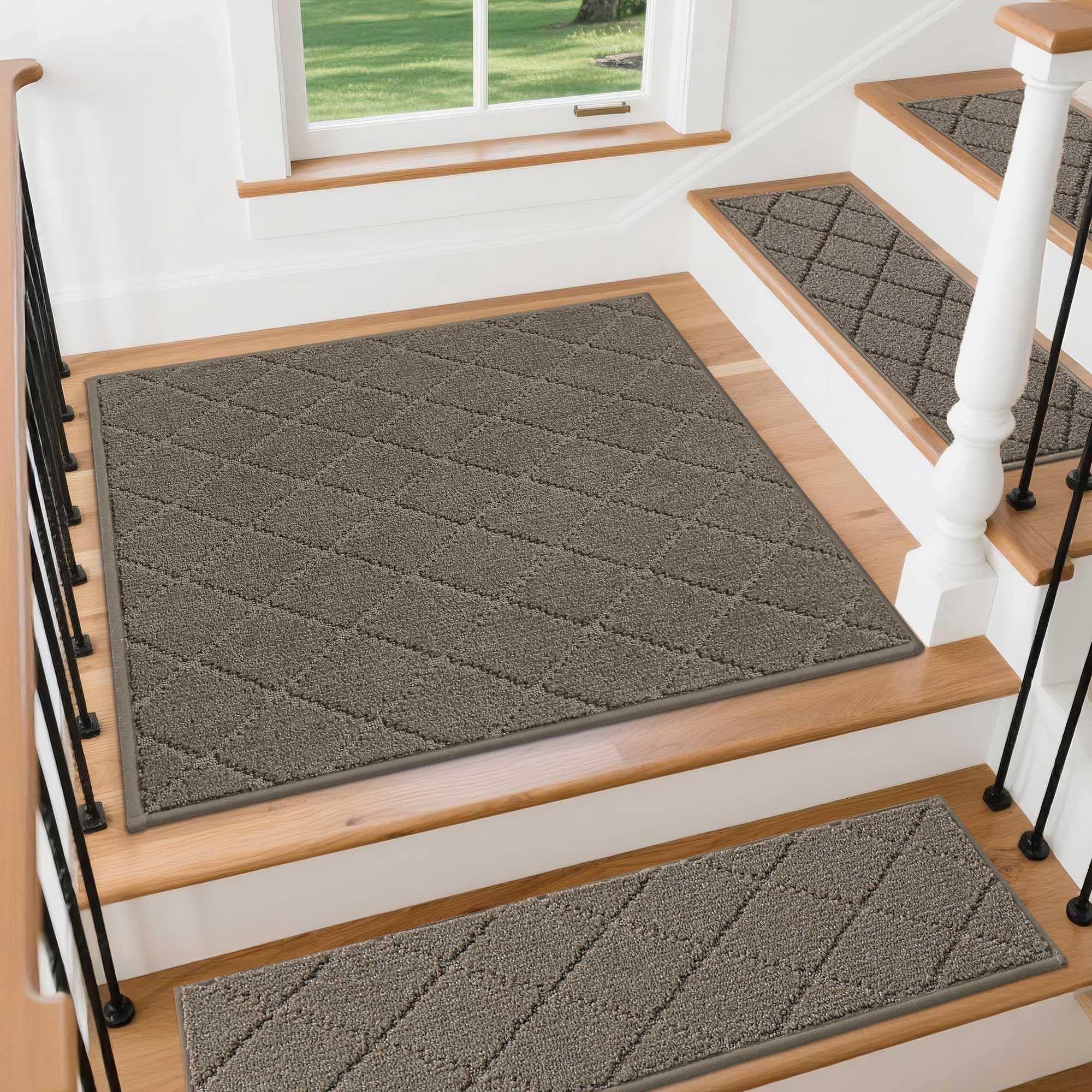 COSY HOMEER Stair Landing Rugs Non-Slip Corner Indoor Edging Stair Treads for Wooden Steps,Washable Soft Stair Landing Mat for Kids,Elder and Dogs,Polyester,TPE Backing,Light Brown,30x30inch