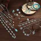 FEYIR Bohemian Turquoise Jewelry Set for Women Boho Turquoise Layered Necklace Bracelet Western Belt Stackable Ring Earrings Western Jewelry Accessories