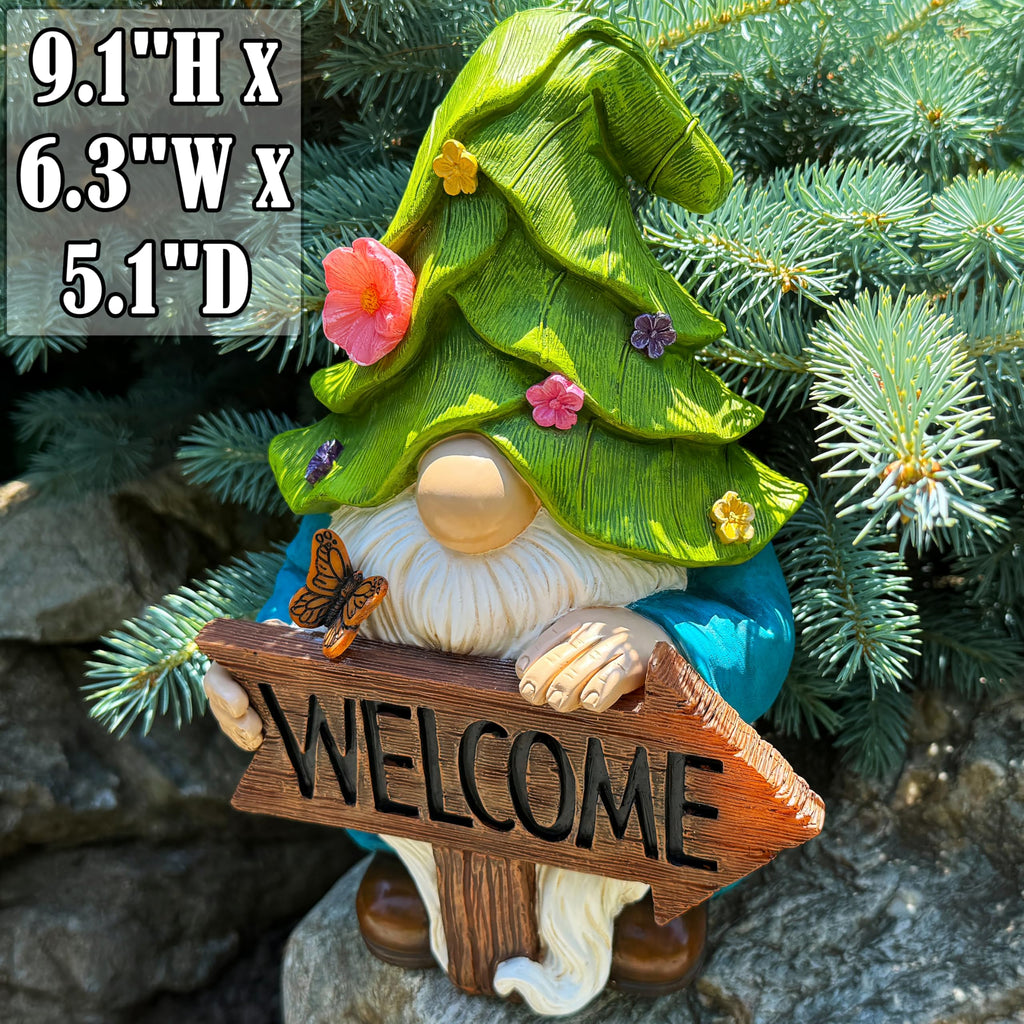 Mood Lab Garden Gnome - Solar Gnome Figurine with Welcome Sign - 9.1 Inch Decor Outdoor Lawn Statue with LED Lights