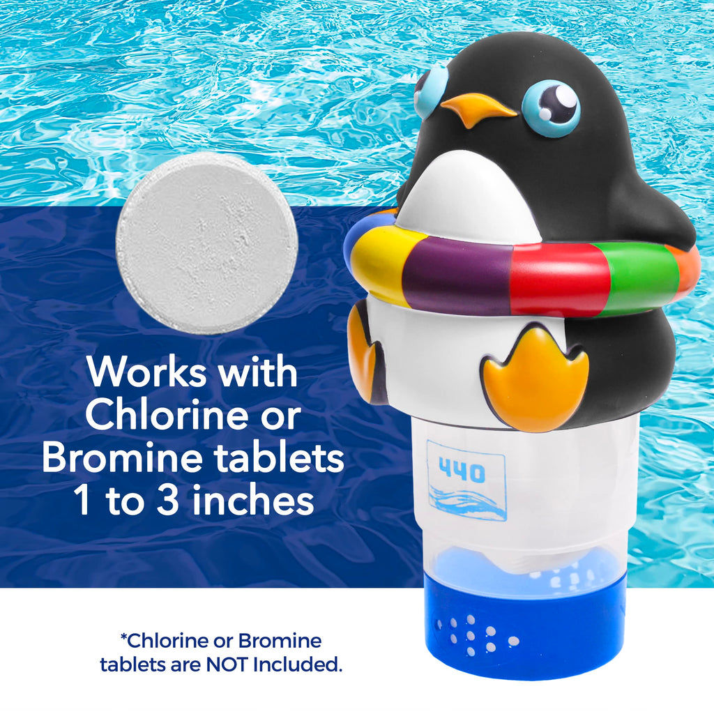 440 Pool Chlorine Floater Dispenser, Fits Up to 3 Pieces of 3-Inch Chlorine Tabs, Adjustable Flow, Control, Heavy-Duty Plastic - Suitable for Small & Large Pools - 8 Ounces | Cartoon Penguin