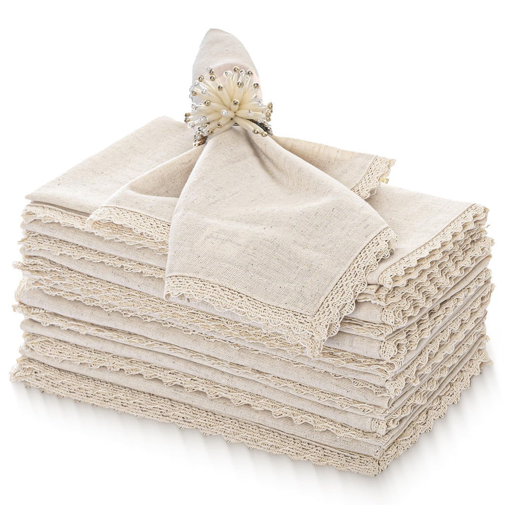 FINGERCRAFT Lace Cloth Napkins, Cotton Linen, 12 Pack, 20x20 Inch, Ivory