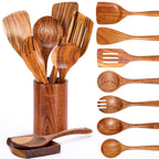 Mooues Wooden Kitchen Utensil Set, 9 Piece Natural Teak with Spoon Rest