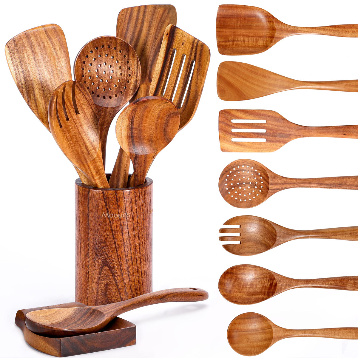 Mooues Wooden Kitchen Utensil Set, 9 Piece Natural Teak with Spoon Rest