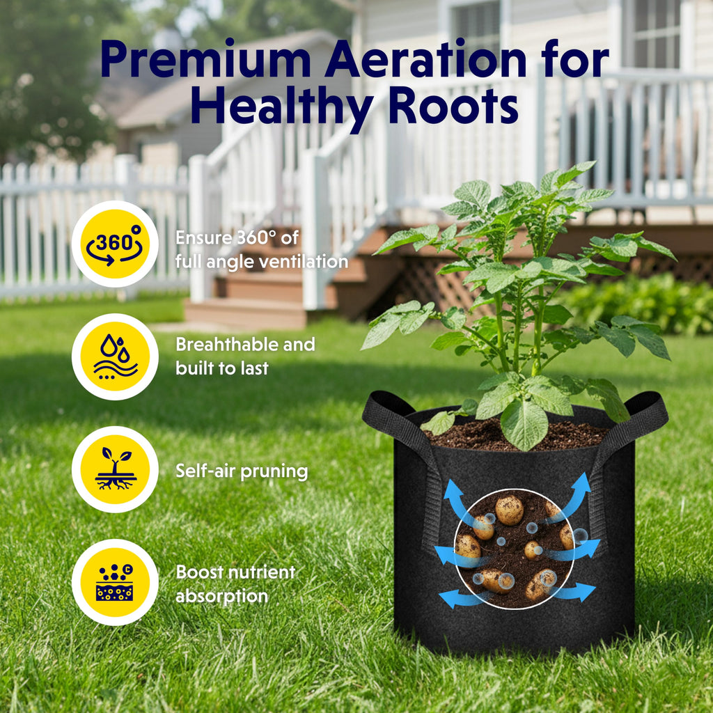 iPower 5-Pack 10 Gallon Plant Grow Bags Thickened Nonwoven Aeration Fabric Pots Heavy Duty Durable Container, Strap Handles for Garden, Black New