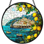 XINCEYWJ Mediterranean Tuscan Decor, Italian Lemon Amalfi Coast Suncatchers Stained Glass Window Hanging, Summer Beach Sun Catchers Indoor Window Glass Round Wall Decor, 7.9x7.9in