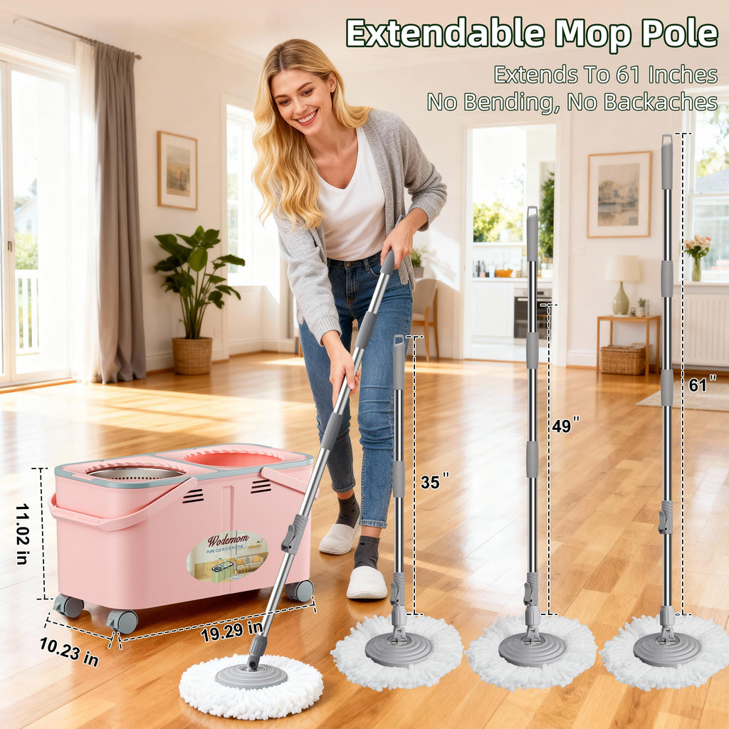 2026 Upgraded Gen 2 Spin Mop and Bucket Set with 4 Swivel Wheels for Easy Rolling, Separates Clean & Dirty Water, Floor Mop with 6 Washable Mop Heads for Wood, Tile, Vinyl, Baseboards - Pink
