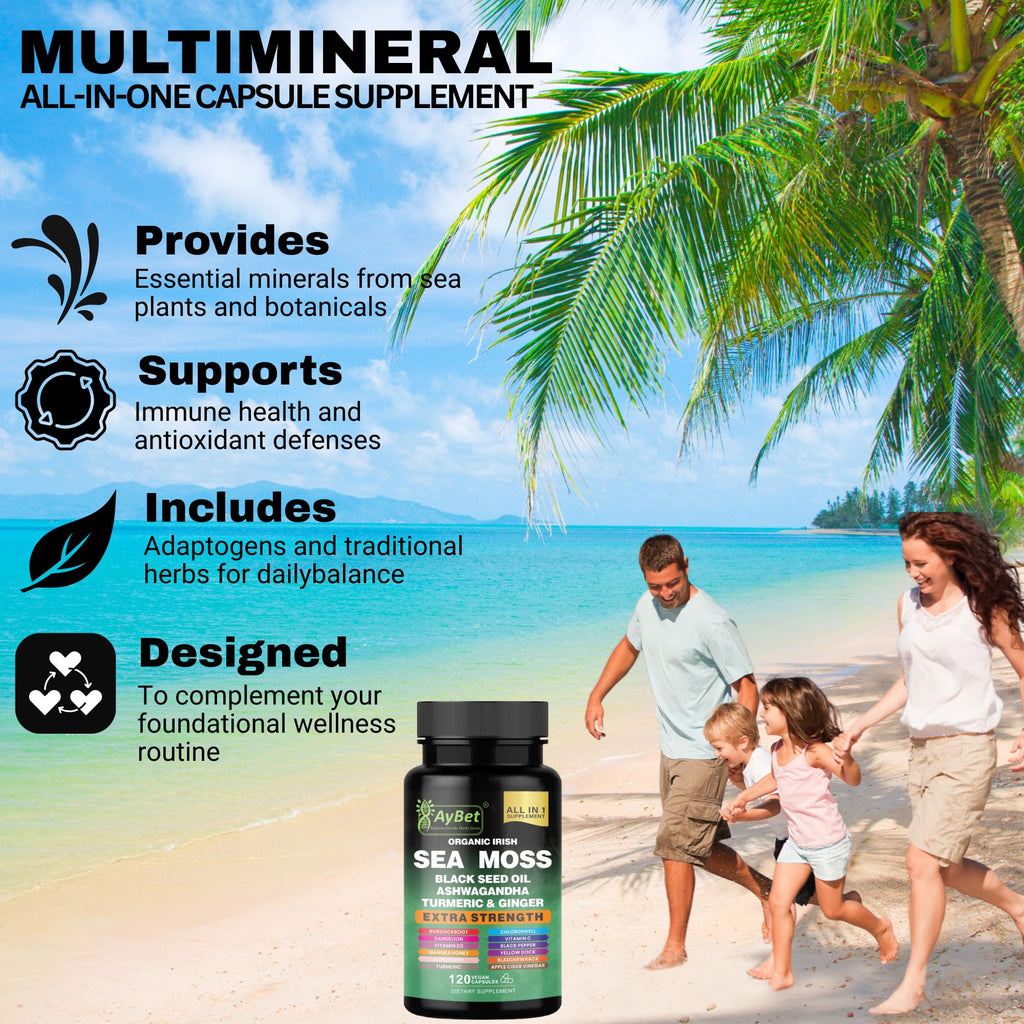 Organic Irish Sea Moss Capsules 120 Count –16 in 1 Sea Moss Supplement with Black Seed Oil, Ashwagandha, Turmeric & Ginger, Bladderwrack & Burdock Root, Vitamin D3 –Organic, Vegan, Halal, Non-GMO