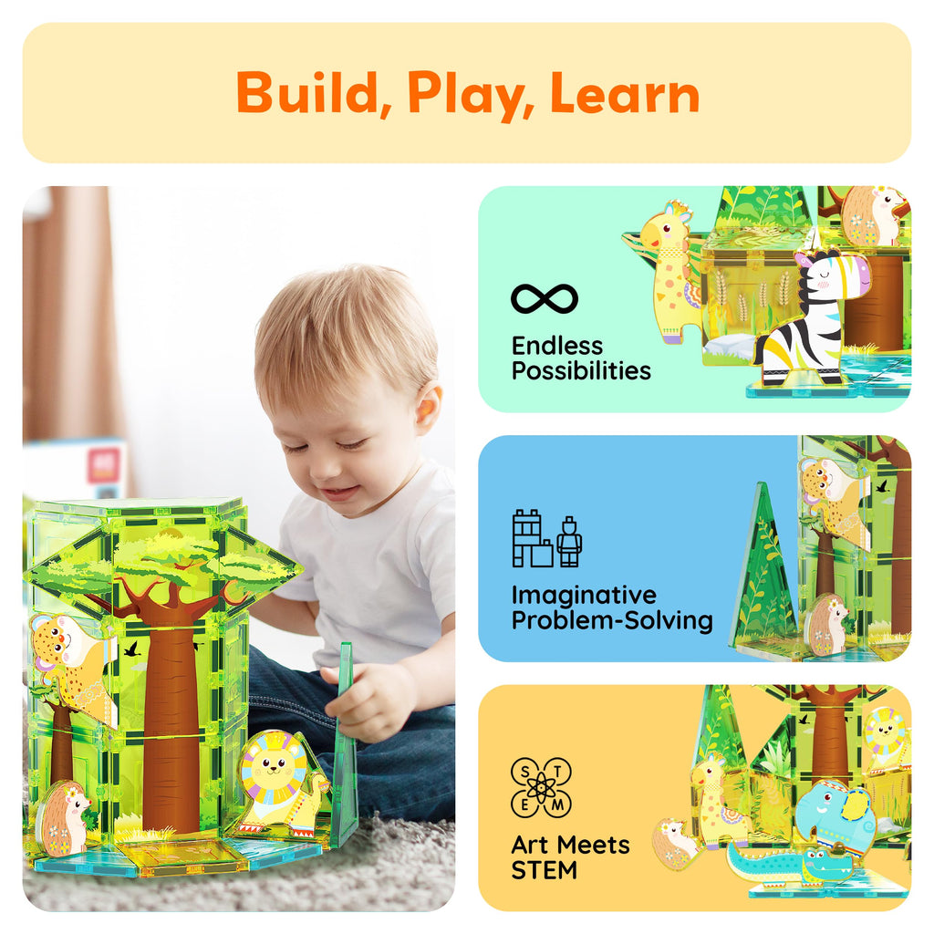 PicassoTiles Magnet Tile Building Block Safari Themed Set with 8 Compatible Magnetized Animal Action Figures Build Blocks Toddler Creativity Toys STEAM Educational Learning Skills Ages 3+ PTQ12