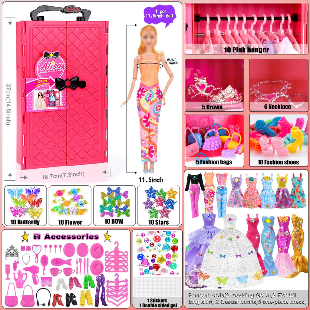 iBayda 139pcs 11.5-inch Fashion Doll and Wardrobe Playset: Wedding Dress, Outfits, Shoes, Bags, Necklace, DIY Stickers Accessories