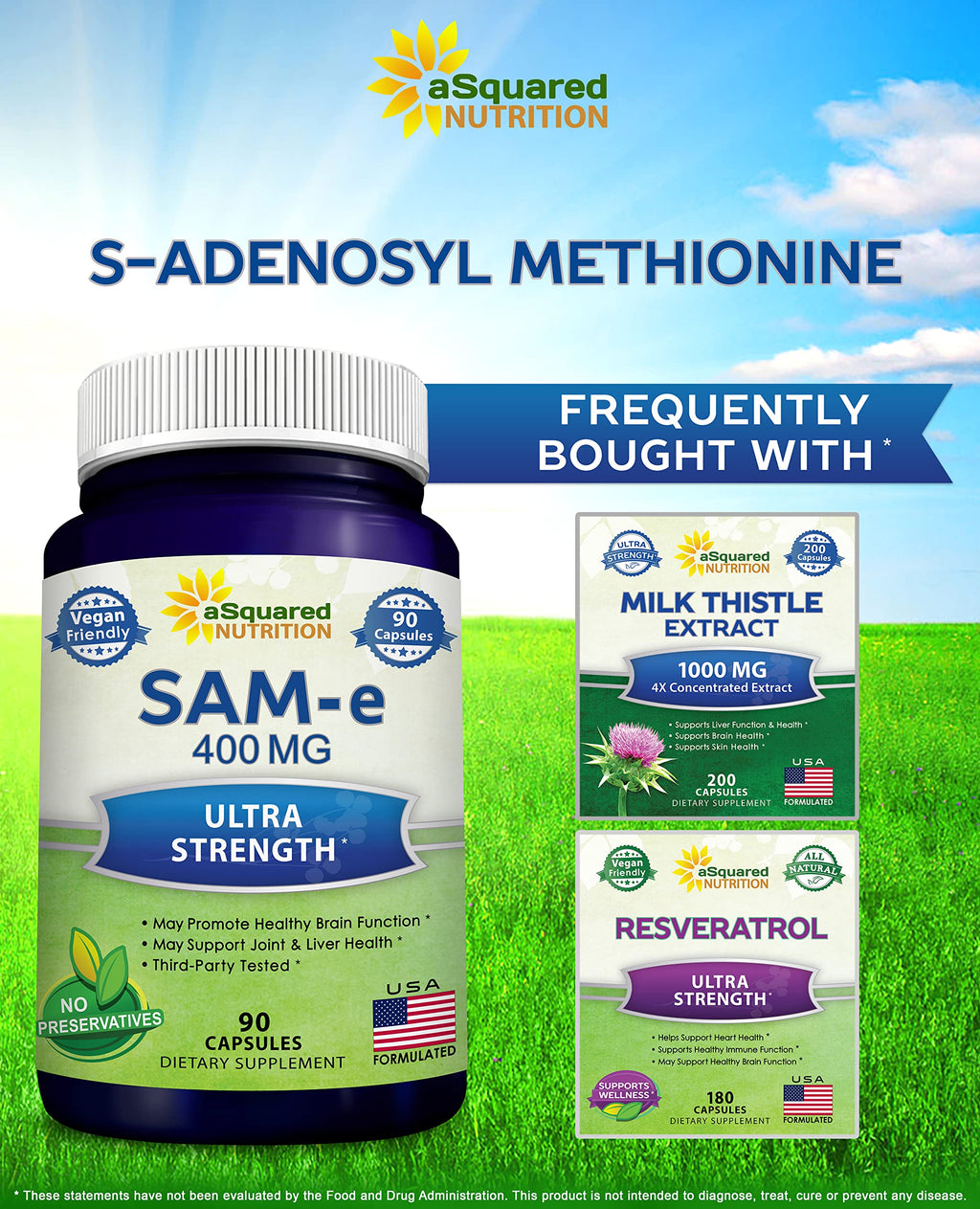 aSquared Nutrition SAM-e 400mg Supplement - 90 Capsules - Same (S-Adenosyl Methionine) to Support Mood, Joint Health, and Brain Function - Extra Strength Vegan SAM e Pills