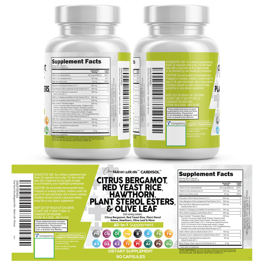 Clean Nutraceuticals Citrus Bergamot Red Yeast Rice Capsules with Plant Sterols - with Hawthorn Extract Olive Leaf Niacin Vitamin K3 D3 COQ10 Guggul & More