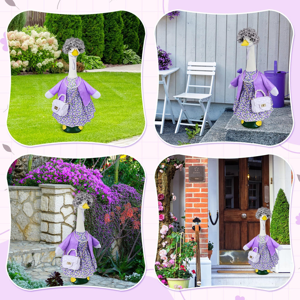 Ueyben Old Lady Porch Goose Outfits, 100 Days Grandma Wigs with Goose Clothes for 23" Lawn Cement Plastic Geese Statues for Garden Yard Holiday Decoration