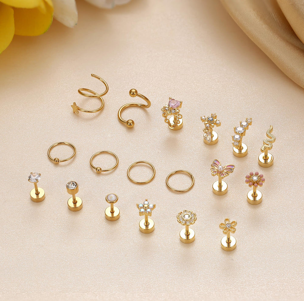 Cartilage Earring Stud for Women 14K Gold Plated Opal Flat Back Earrings