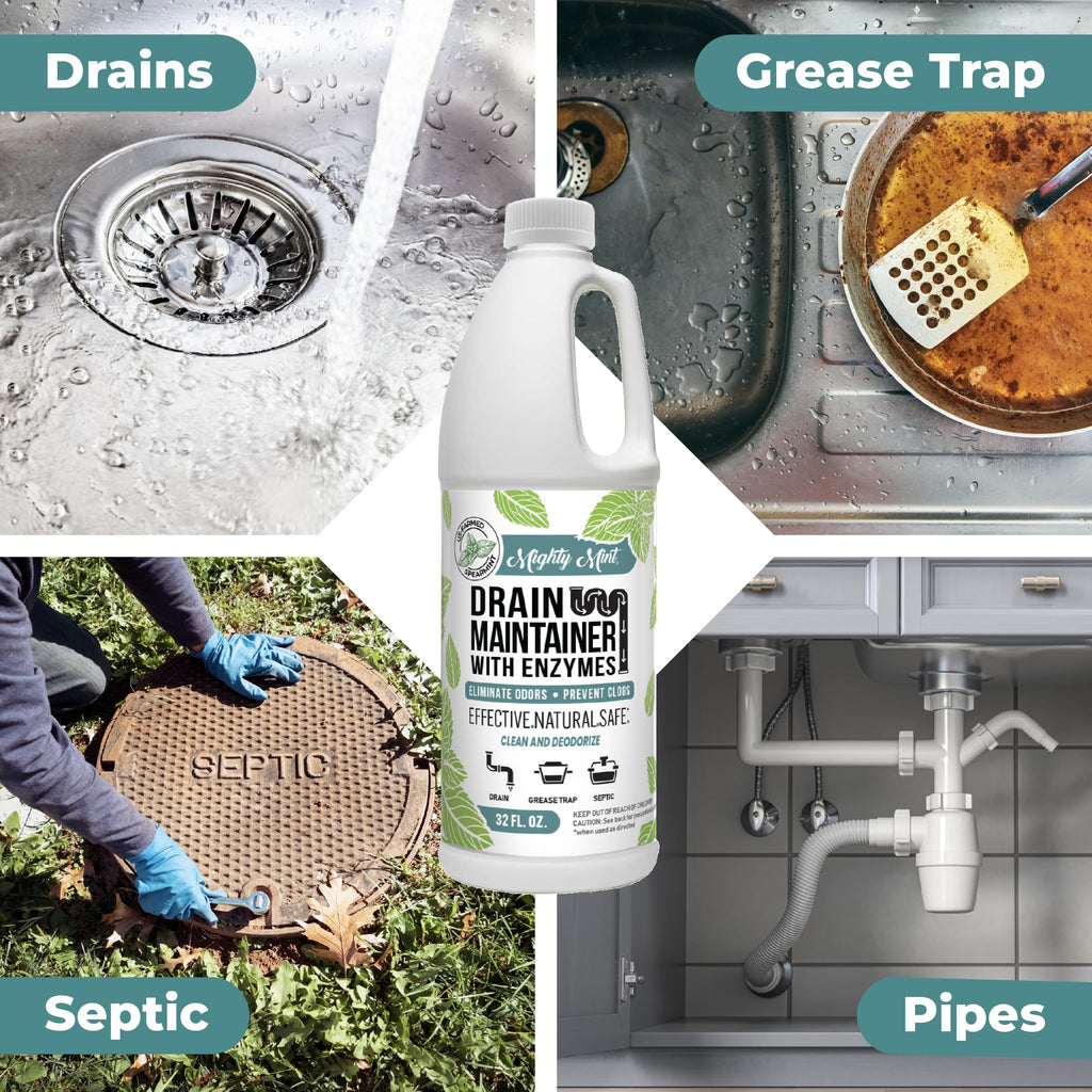Mighty Mint Enzyme Drain Maintainer – Drain Cleaner & Deodorizer for Odor Control and Buildup Prevention – Safe for Pipes, Septic & Grease Traps - 32 oz.