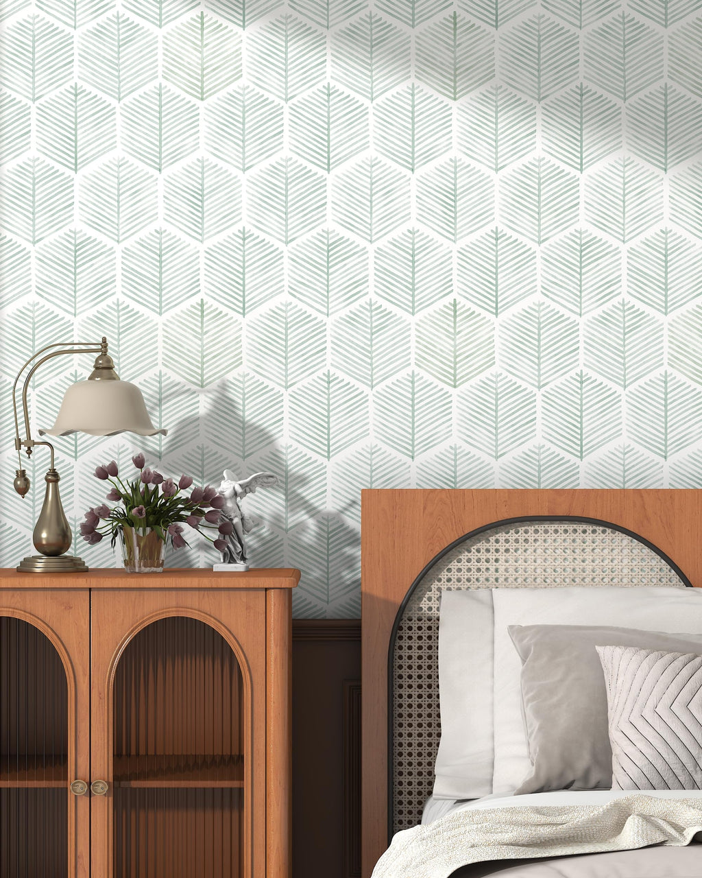 Modern Peel and Stick Wallpaper 17.3''×276'' Geometric Wallpaper Boho Contact Paper Green and White Self-Adhesive Wall Paper Removable Decorative Wallpapers for Bedroom Bathroom Cabinets Decor Vinyl